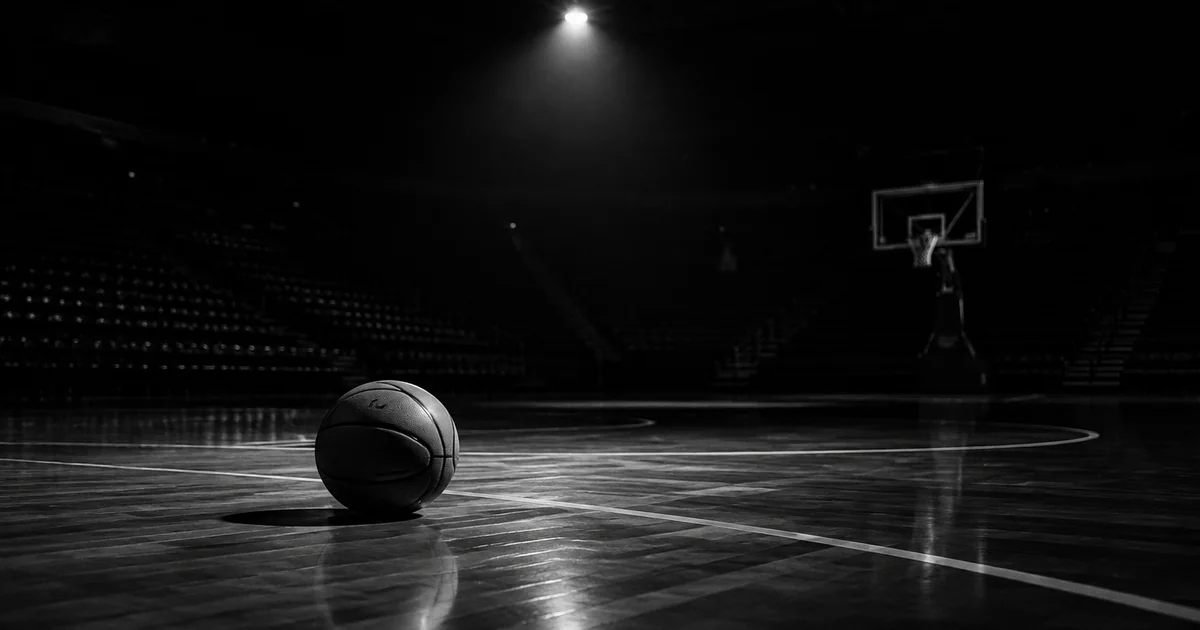A single basketball resting on the hardwood floor of an empty arena at night, lit from above, with the stands in darkness