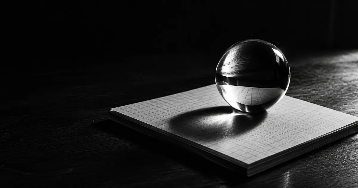 A glass crystal ball resting on a stack of blank grid paper on a dark desk, lit from the side
