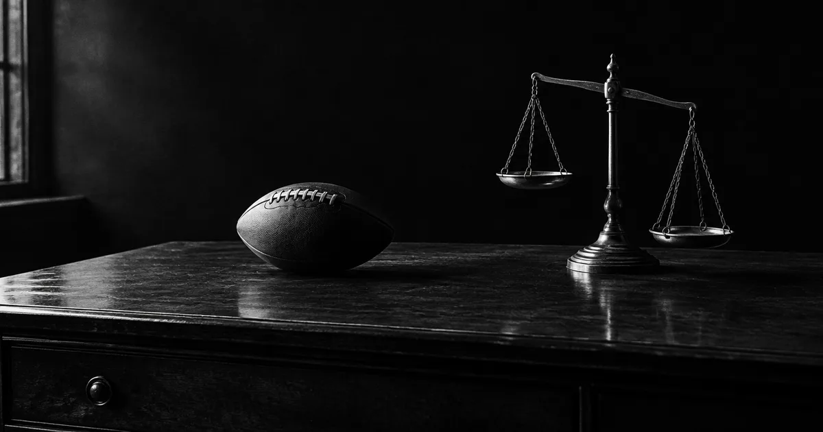 An American football resting on a dark desk next to a brass balance scale, lit from the side