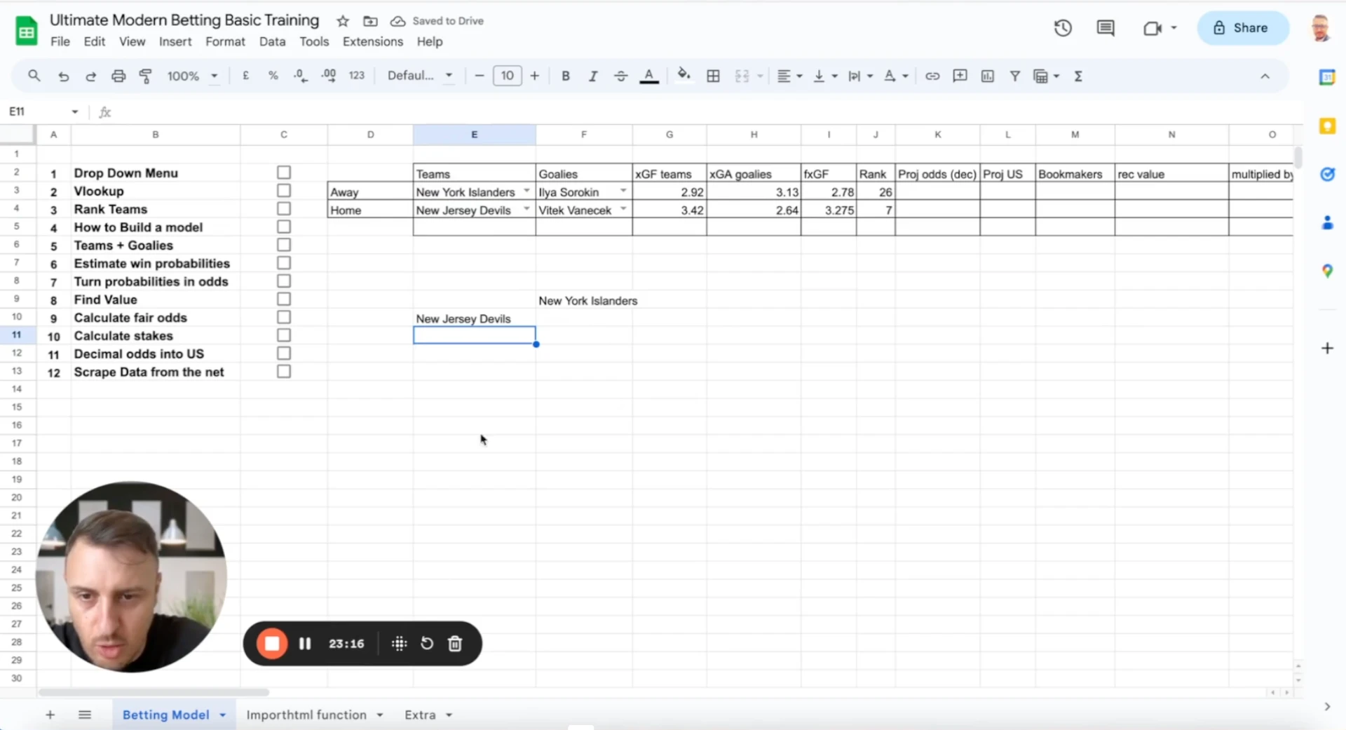 Toolkit training screenshot: building a betting model in Google Sheets