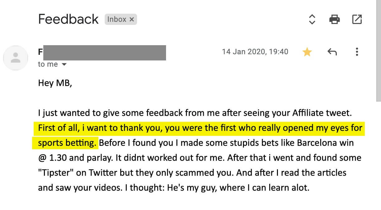 Email from Florian about how Underdog Chance opened his eyes to sports betting