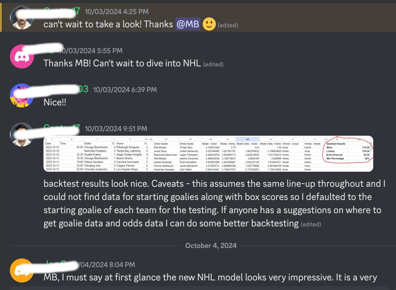 Discord discussion where a customer backtested the NHL model and noted the limitations of his test