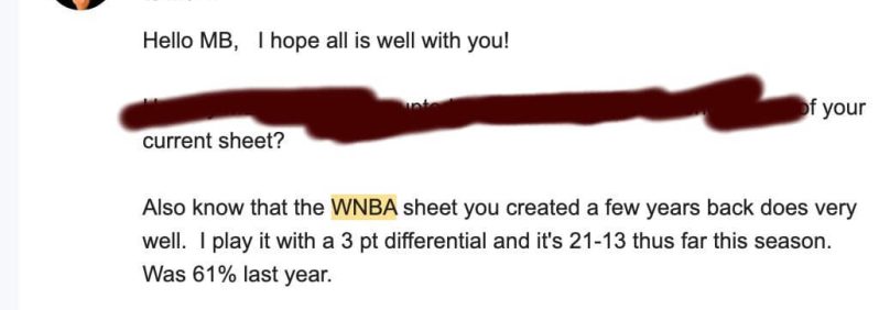Customer message reporting that the WNBA sheet went 21-13 this season and 61% last year