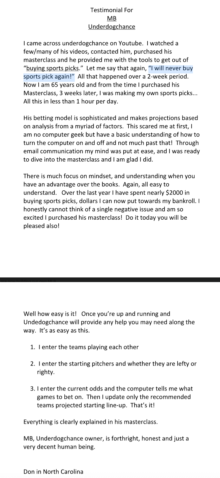 Message from Don in North Carolina about no longer buying sports picks