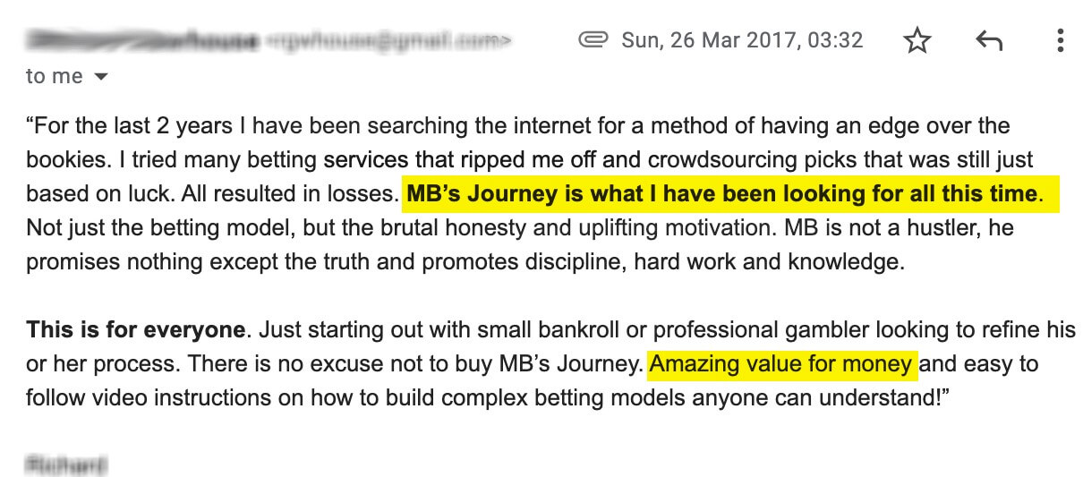 Email from Richard about MB's Journey, honesty, discipline and value for money