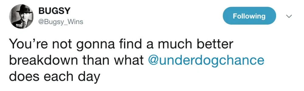 Tweet from Bugsy about Underdog Chance breakdowns