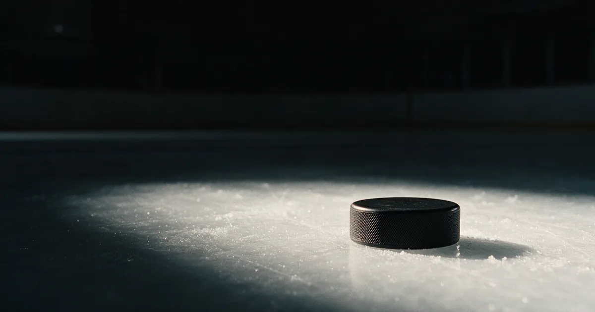 A single hockey puck resting on the ice of an empty rink at night, lit from the side