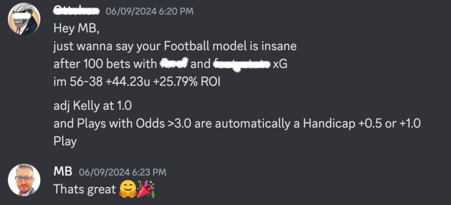 Member message reporting 56-38, +44.23 units and +25.79% ROI after roughly 100 bets with the soccer model