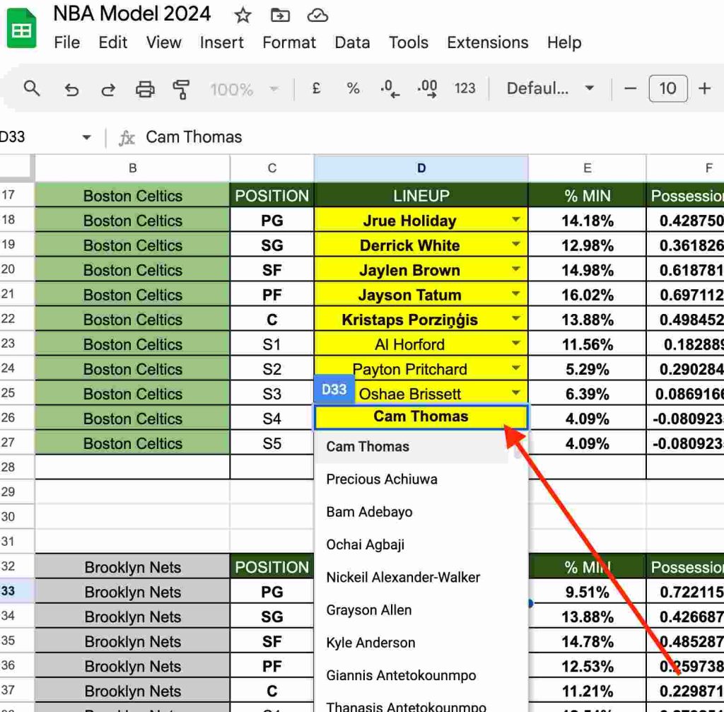 Actual NBA model lineup section with a dropdown open to swap a player in the starting five