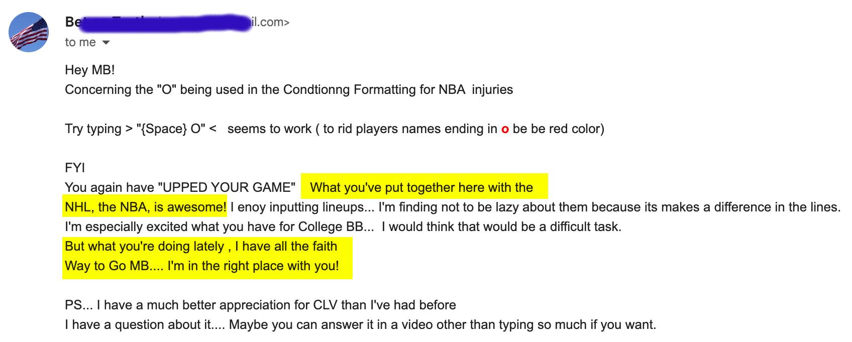 Customer email praising the Underdog Chance NHL and NBA models