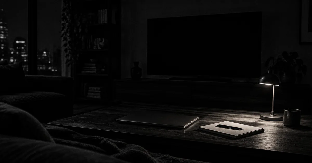 A dark living room with the television switched off and a notebook and closed laptop on the table