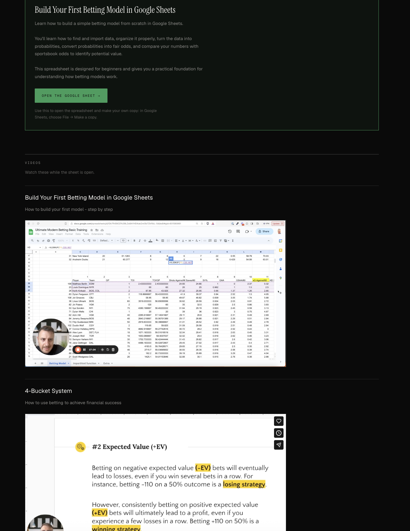 Toolkit training inside My Library, including Build Your First Betting Model in Google Sheets and the 4-Bucket System
