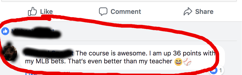 Member comment saying the course is awesome and he is up 36 points with his MLB bets